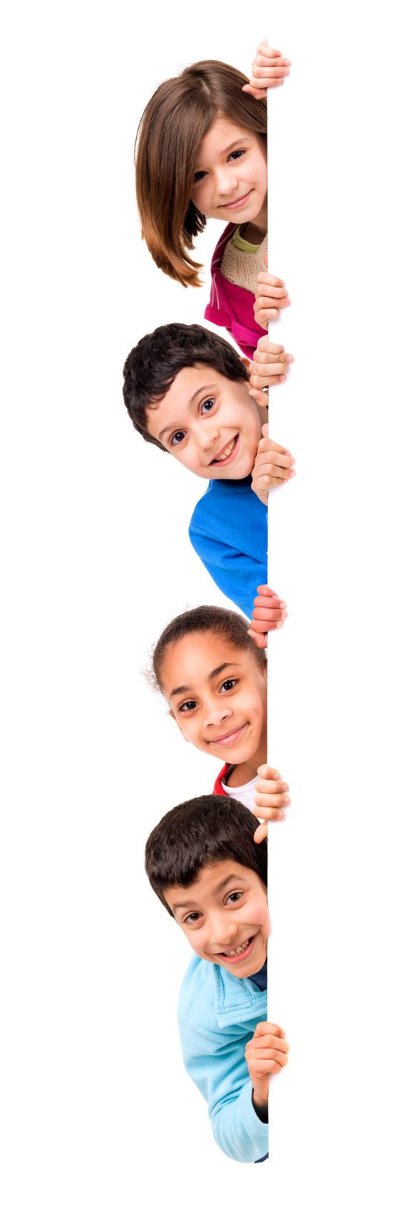 Four smiling children peeking out one above another from behind a white wall