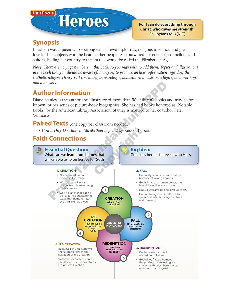 Sample Daily Lesson Guide page for the Heroes unit showing the synopsis, author information, paired texts, and the Faith Connections chart with essential question, big idea, and the Creation, Fall, Redemption and Re-creation quadrants.
