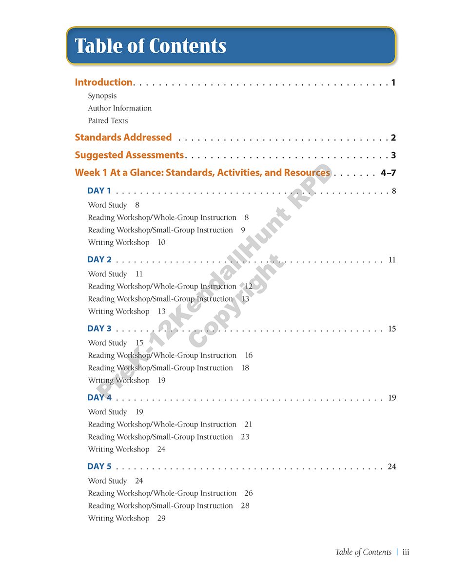 Daily Lesson Guide Table of Contents page listing the introduction, standards, assessments, At a Glance chart, and daily lessons