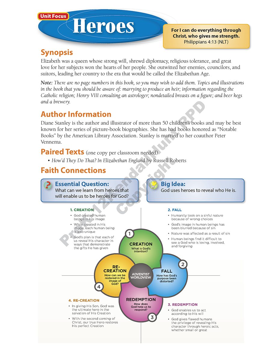 Unit Focus page for the Heroes theme with synopsis, author information, paired texts, and the Faith Connections worldview graphic