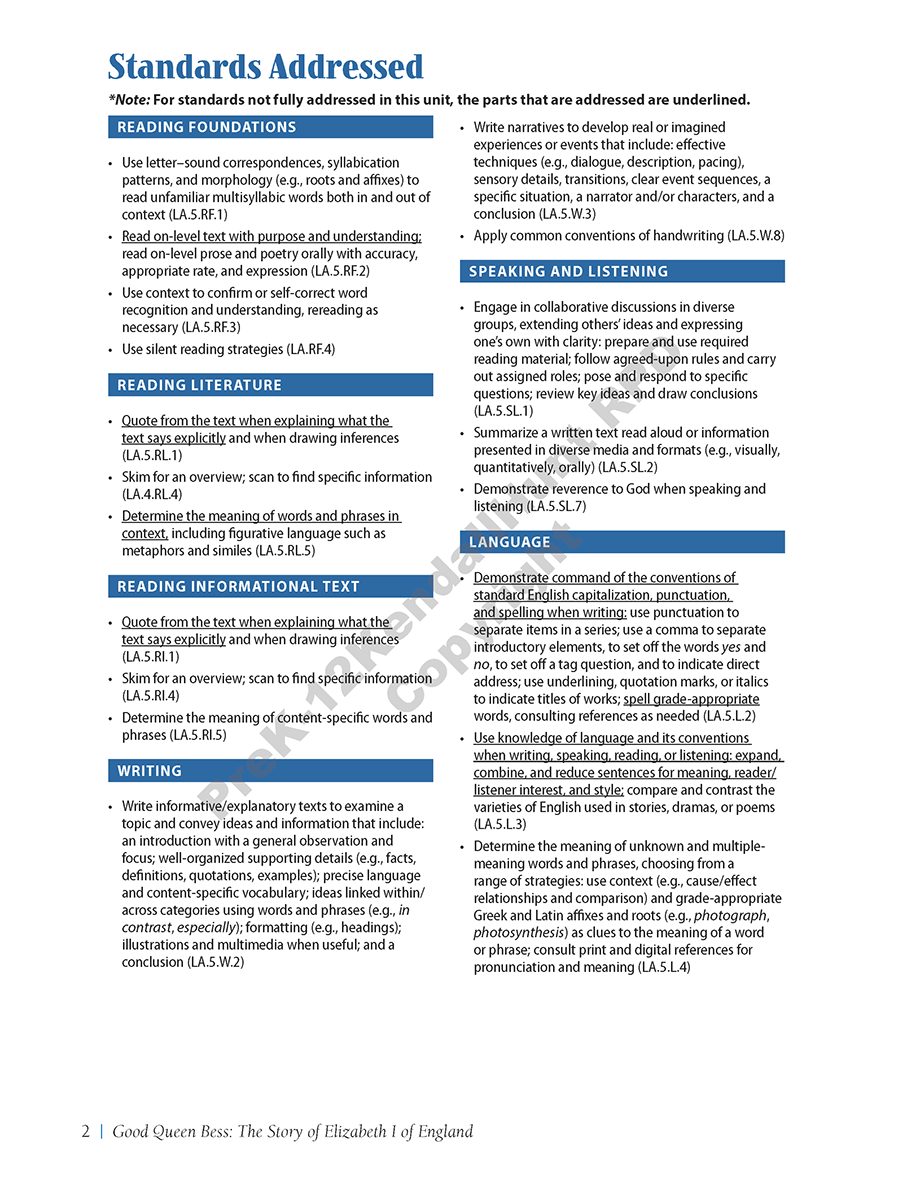 Standards Addressed page grouped by Reading Foundations, Reading Literature, Reading Informational Text, Writing, Speaking and Listening, and Language