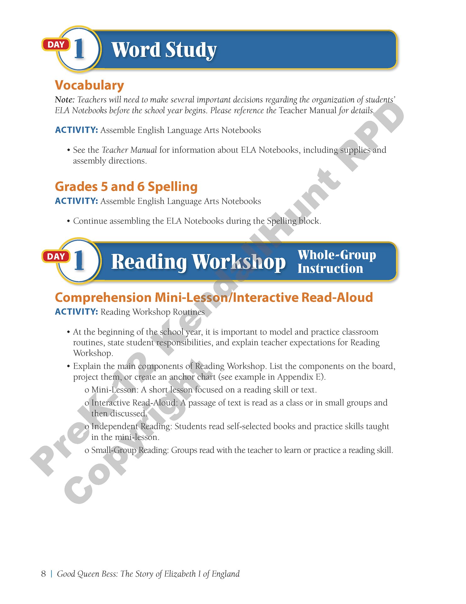 Daily Lesson Guide sample page for Good Queen Bess, Day 1: Word Study vocabulary and spelling activities, then Reading Workshop whole-group comprehension mini-lesson and interactive read-aloud
