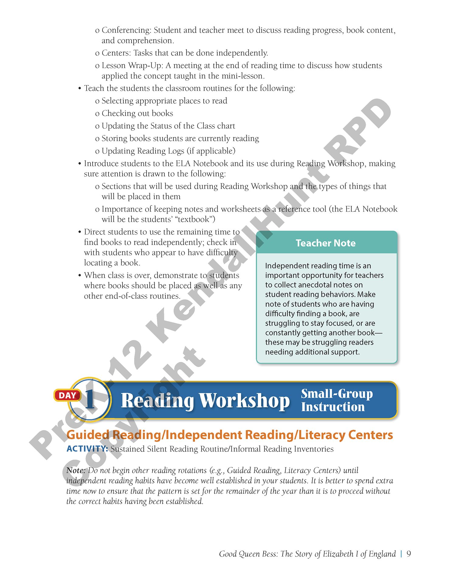 Daily Lesson Guide sample page, Day 1: classroom routines, a Teacher Note on independent reading, and the Reading Workshop small-group instruction section on guided reading, independent reading and literacy centers