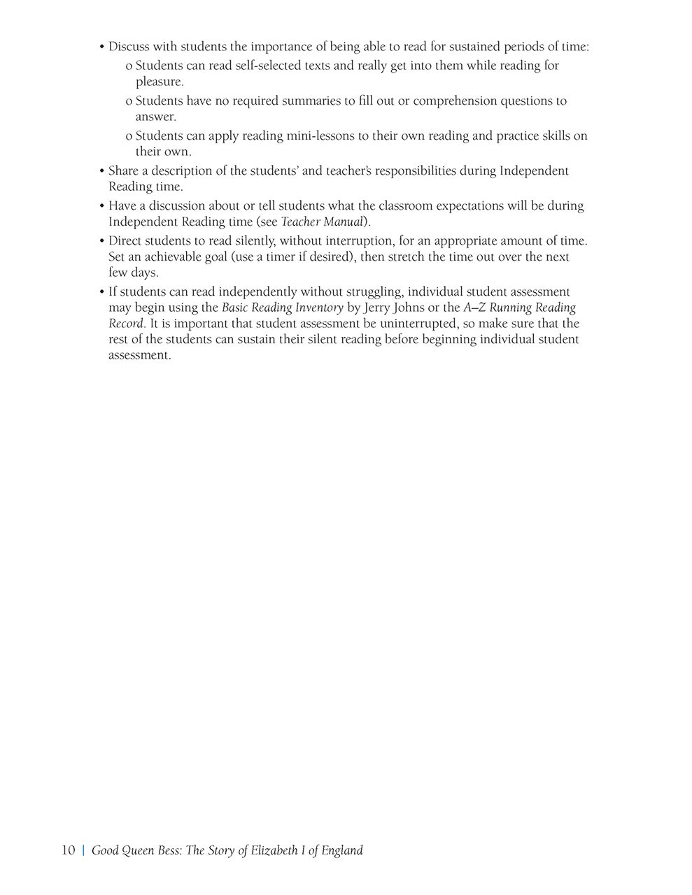 Daily Lesson Guide sample page with steps for establishing sustained independent reading time and informal reading assessment