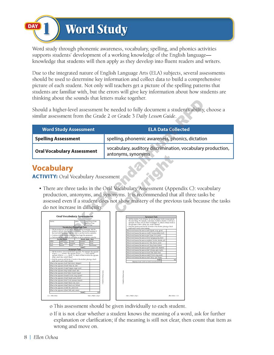 Grade 1 Daily Lesson Guide page: Day 1 Word Study, with a word study assessment table and Oral Vocabulary Assessment instructions