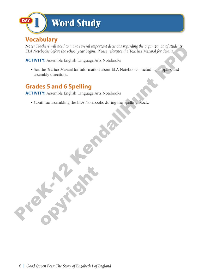 Grade 5 Daily Lesson Guide page: Day 1 Word Study, with vocabulary notes and Grades 5 and 6 spelling activities