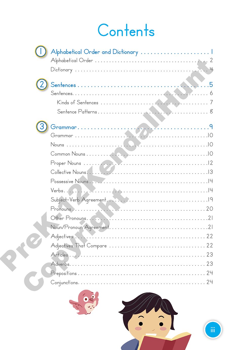 Writer’s Handbook table of contents: Alphabetical Order and Dictionary, Sentences, Grammar