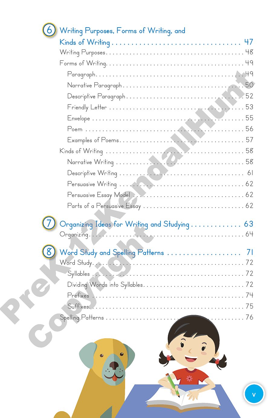 Writer’s Handbook table of contents: Writing Purposes, Forms of Writing, and Kinds of Writing; Organizing Ideas; Word Study and Spelling Patterns