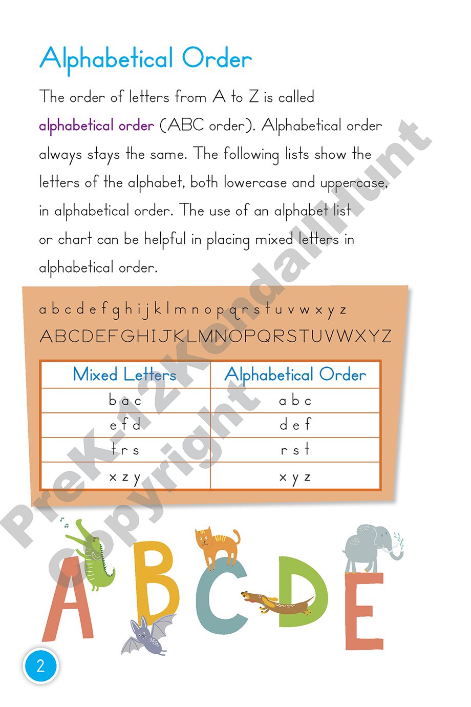 Handbook page explaining alphabetical order with mixed and ordered letters