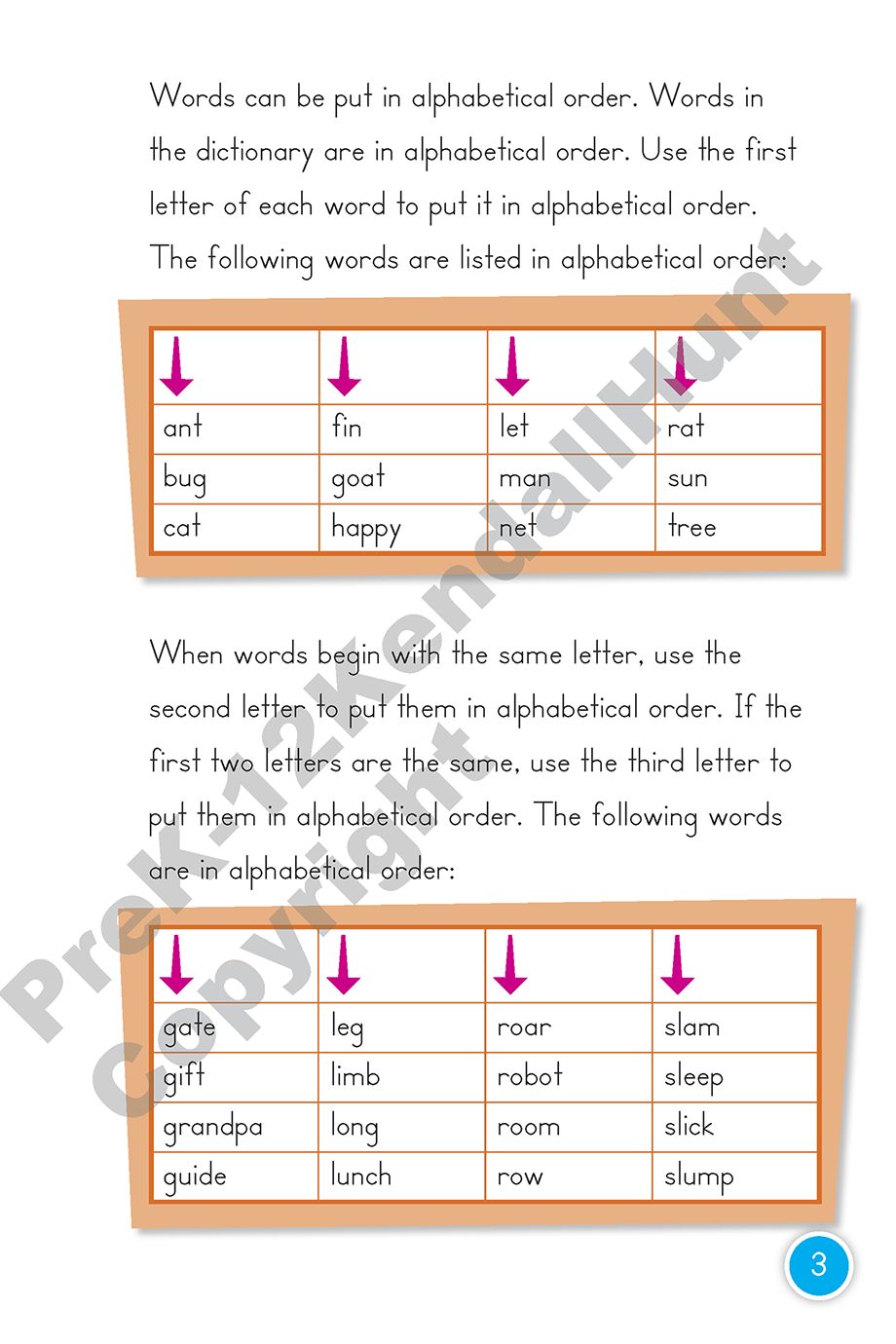 Handbook page showing lists of words in alphabetical order