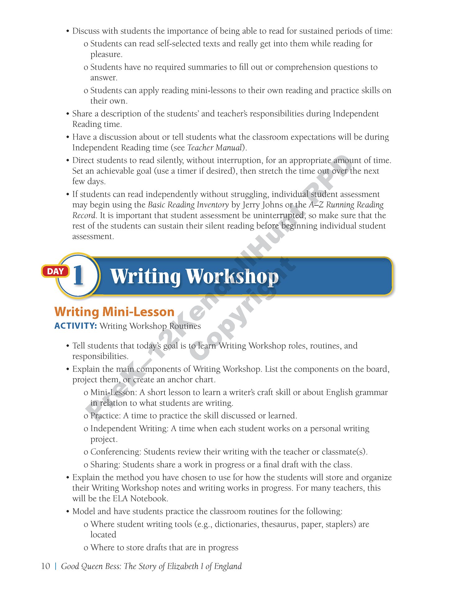 Daily Lesson Guide sample page, Day 1: Writing Workshop mini-lesson on routines, with the components of the workshop listed