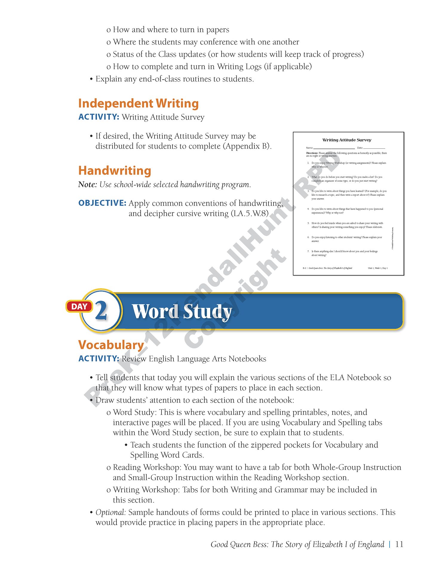 Daily Lesson Guide sample page continuing the Writing Workshop lesson with handwriting and independent writing